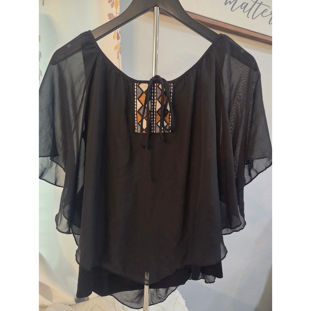 Vintage Naif Black Sheer Overlay Butterfly Sleeve Embroidered Top Medium